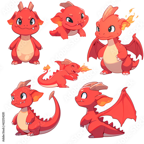 Clip art  character design sheet  Set of A cute dragon isolated on transparent background