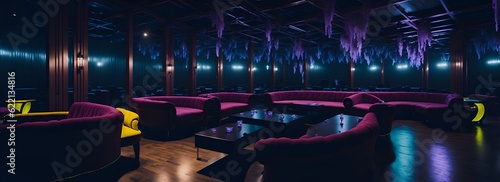 Interior of a night club with bright lights. Night club. A decorated night club with stylish couches and colorful cocktail tables. Ai Generated photo