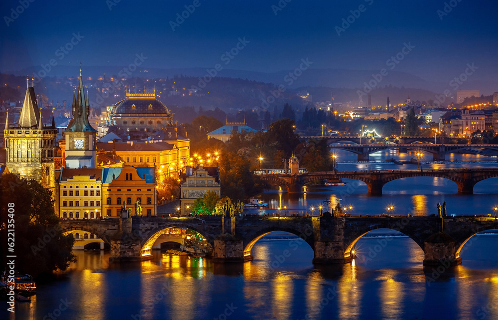 Evening over river Vltava near Charles bridge in Prague, Czech republic