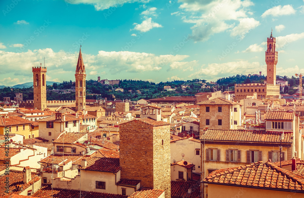 Florence Italy old town with houses tegular roofs and high tower on background blue sky vintage stylized