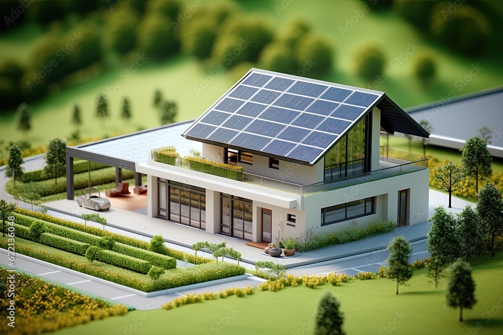 realistic 3d house with solar panel on roof, in the style of tranquil gardenscapes realistic 3d house with solar panel on roof, in the style of tranquil gardenscapes