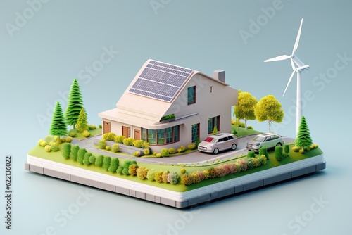 realistic 3d house with solar panel on roof, in the style of tranquil gardenscapes photo