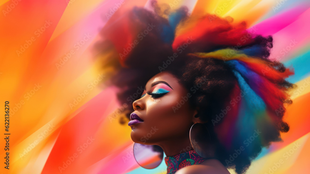 Fototapeta premium Beautiful young african american woman, blur soft colorful background