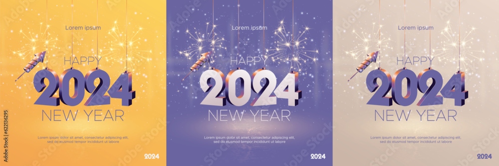 Happy new year 2024 square template with 3D hanging number. Greeting concept for 2024 new year celebration Happy new year 2024 square template with 3D hanging number. Greeting concept for 2024 new year celebration