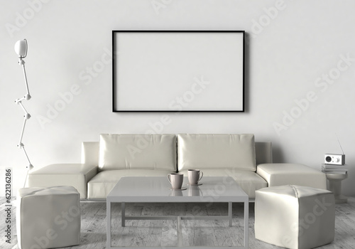 Living room, sofa, two stool and table. On the wall of an empty picture frame. 3D illustration