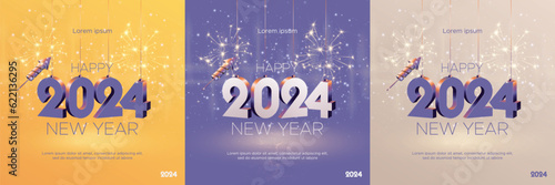 Happy new year 2024 square template with 3D hanging number. Greeting concept for 2024 new year celebration