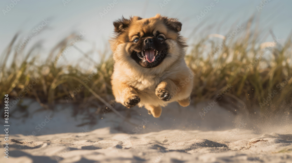 Obraz premium Close up photo of a Pekingese dog jumping to the beach.