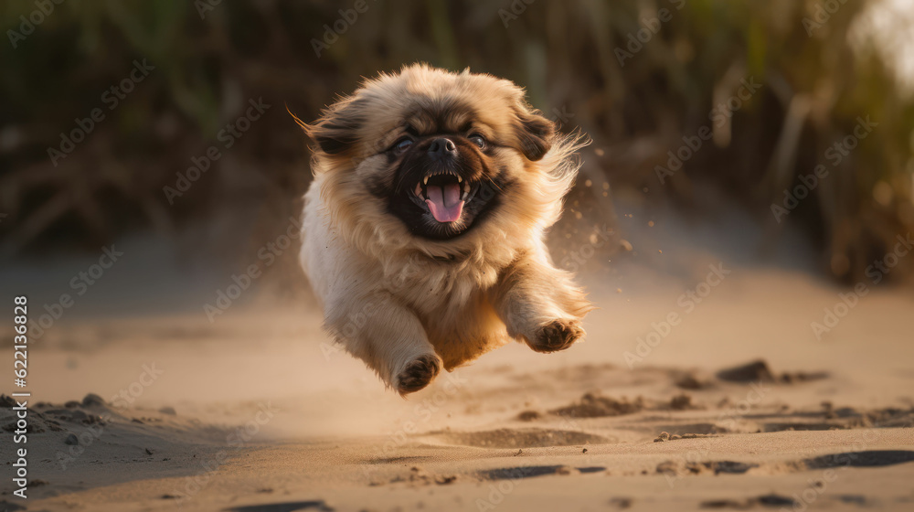 Close up photo of a Pekingese dog jumping to the beach.