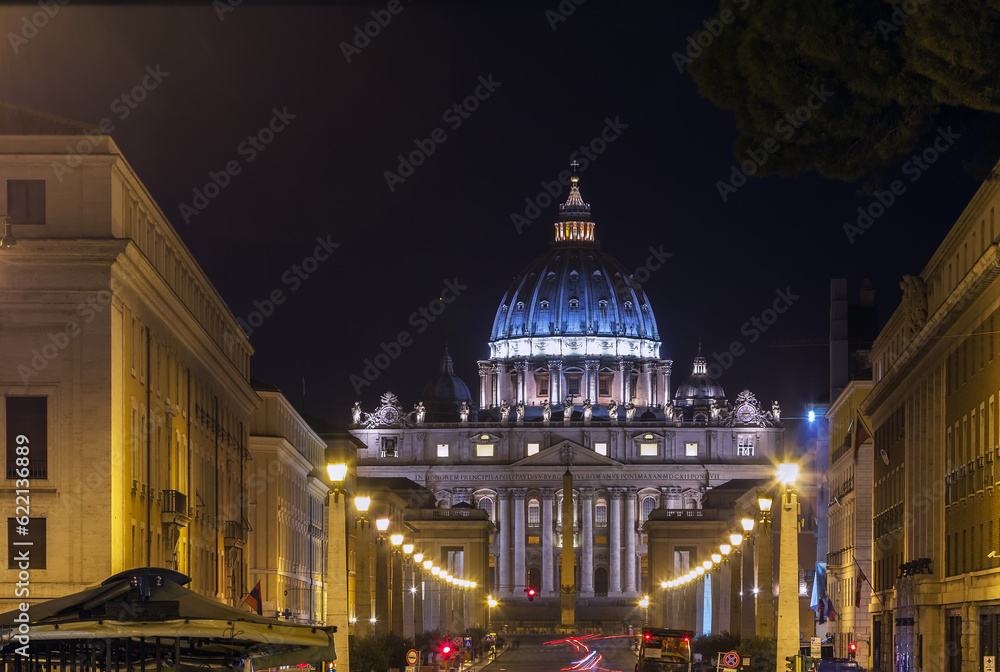 St. Peter Basilica is a church in the Renaissance style located in the Vatican City. Evening