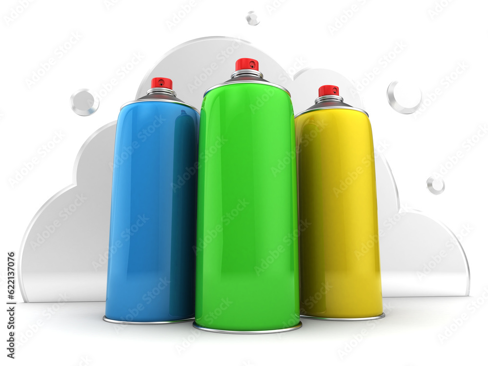 3d illustration of spray bottles over cloud background 3d illustration of spray bottles over cloud background