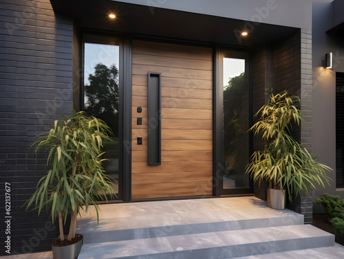 Modern villa entrance house entrance black wall, wood door Generative AI