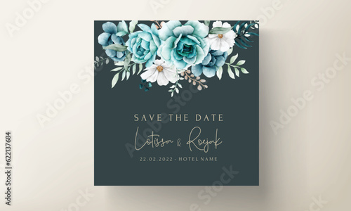 beautiful wedding invittaion card with tosca floral watercolor