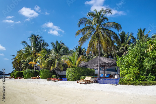 Beach bungalows with deck chairs on a tropical island, Maldives © Designpics