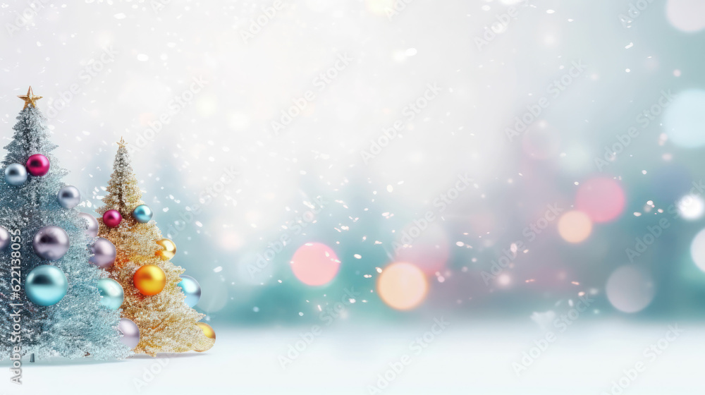 Christmas banner with blank space for text, xmas tree and sparkle bokeh lights on white canvas background. Christmas banner with blank space for text, xmas tree and sparkle bokeh lights on white canvas background.