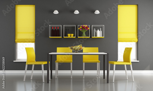 Black and yellow modern living room with two windows - 3d rendering