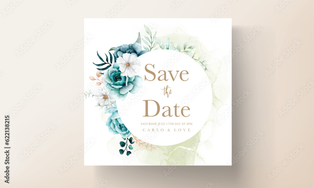 beautiful watercolor tosca flower and leaves invitation card