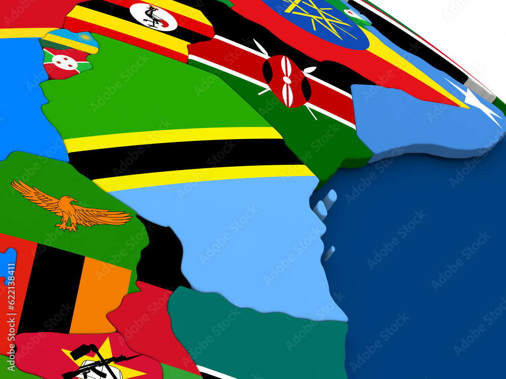 Map of Tanzania on globe with embedded flags of countries. 3D ...