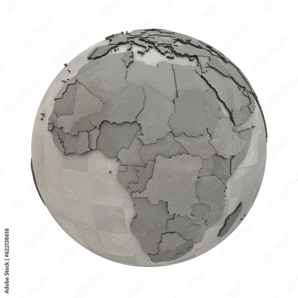 Africa on 3D model of metallic planet Earth made of steel plates with embossed countries. 3D illustration isolated on white background. Africa on 3D model of metallic planet Earth made of steel plates with embossed countries. 3D illustration isolated on white background.