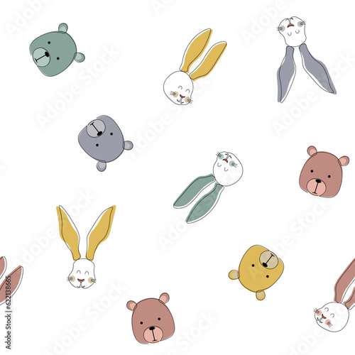 Colorful bear and bunny in trendy style seamless pattern. Bear on white background continuous one art. Trendy bear and bunny, great design for any purposes. 