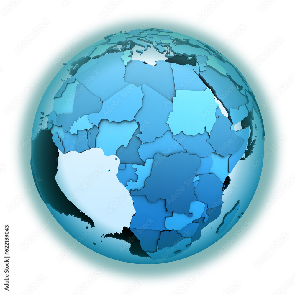 Africa on translucent model of planet Earth with visible continents blue shaded countries. 3D illustration isolated on white background. Africa on translucent model of planet Earth with visible continents blue shaded countries. 3D illustration isolated on white background.