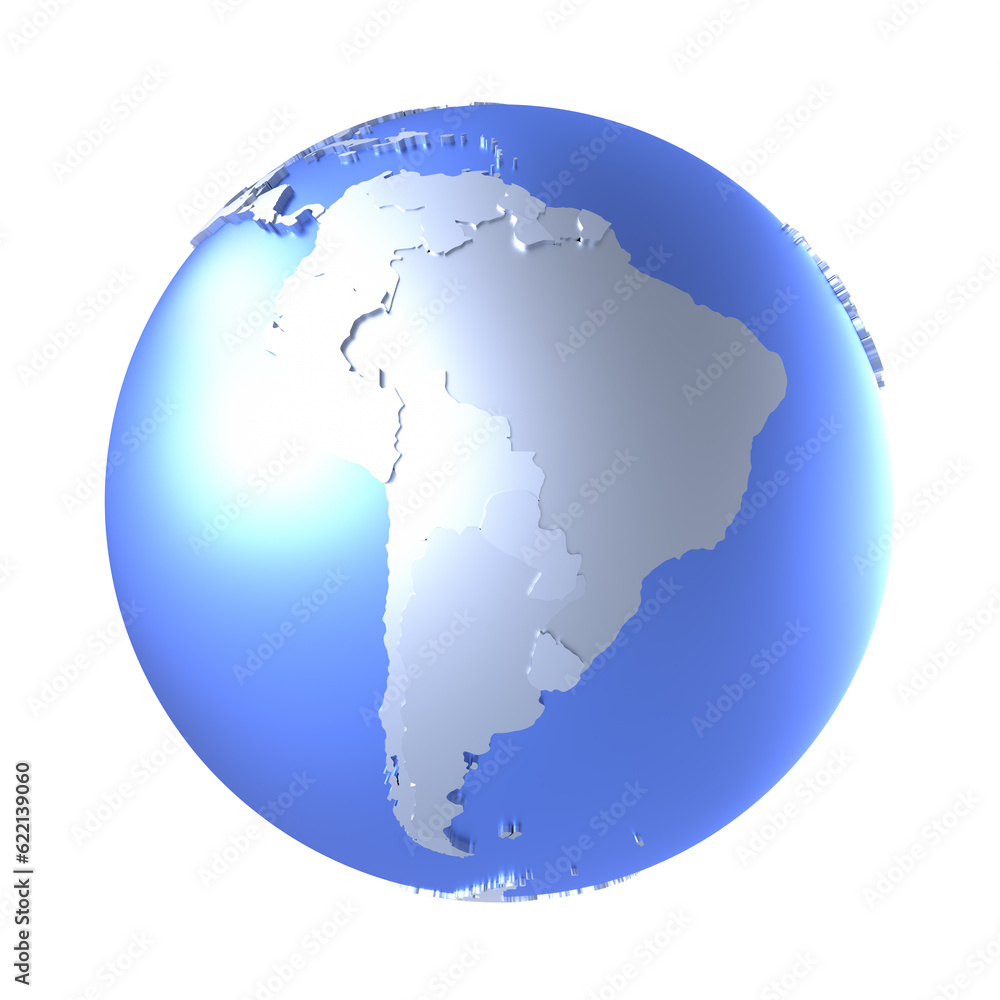 South America on bright metallic model of planet Earth with blue ocean and shiny embossed continents with visible country borders. 3D illustration isolated on white background.