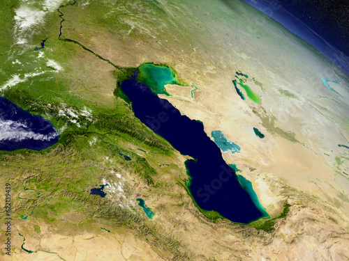Caucasus with surrounding region with surrounding region as seen from Earth's orbit in space. 3D illustration with detailed planet surface and clouds. Elements of this image furnished by NASA.