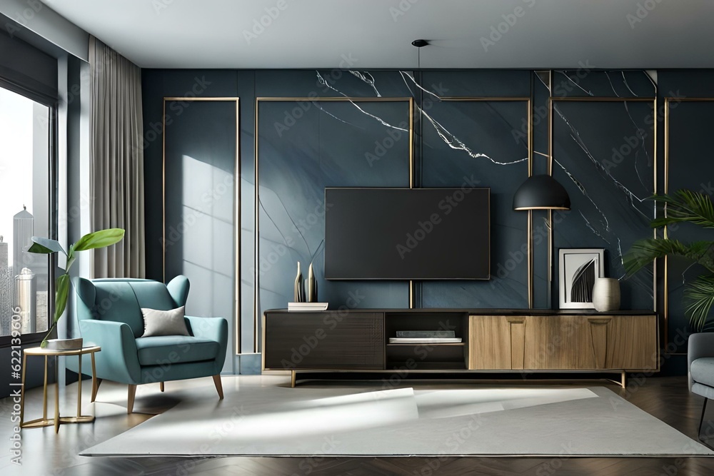 Cabinet TV in modern living room with armchair and plant on dark marble wall background, 3d rendering. Modern living room. Cabinet TV in modern living room with armchair and plant on dark marble wall background, 3d rendering. Modern living room.
