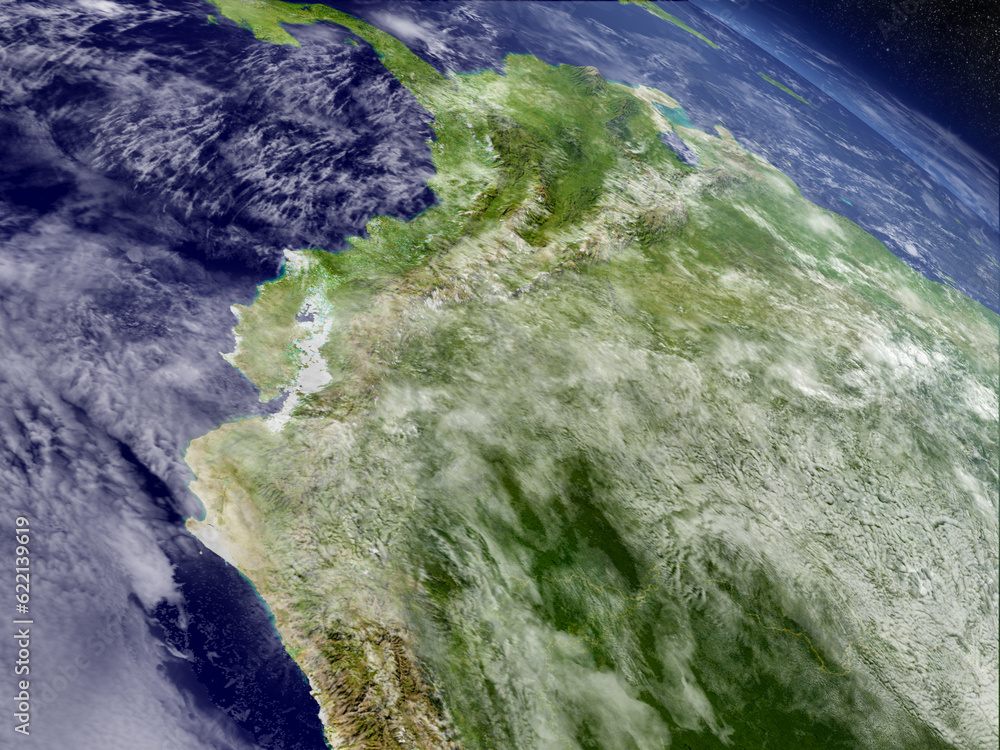 Ecuador with surrounding region as seen from Earth's orbit in space. 3D illustration with highly detailed planet surface and clouds in the atmosphere. Elements of this image furnished by NASA.
