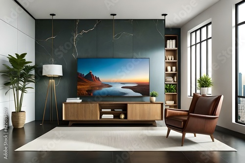 Cabinet TV in modern living room with armchair and plant on dark marble wall background, 3d rendering. © Nyetock