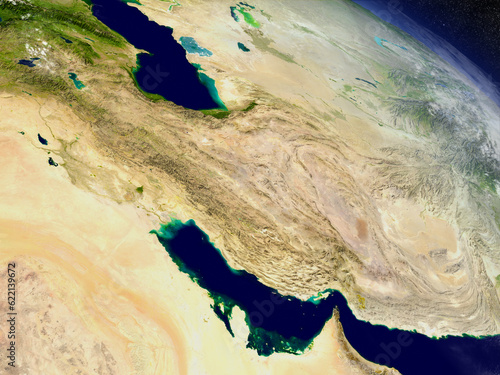 Wallpaper Mural Iran with surrounding region as seen from Earth's orbit in space. 3D illustration with highly detailed realistic planet surface and clouds in the atmosphere. Elements of this image furnished by NASA. Torontodigital.ca