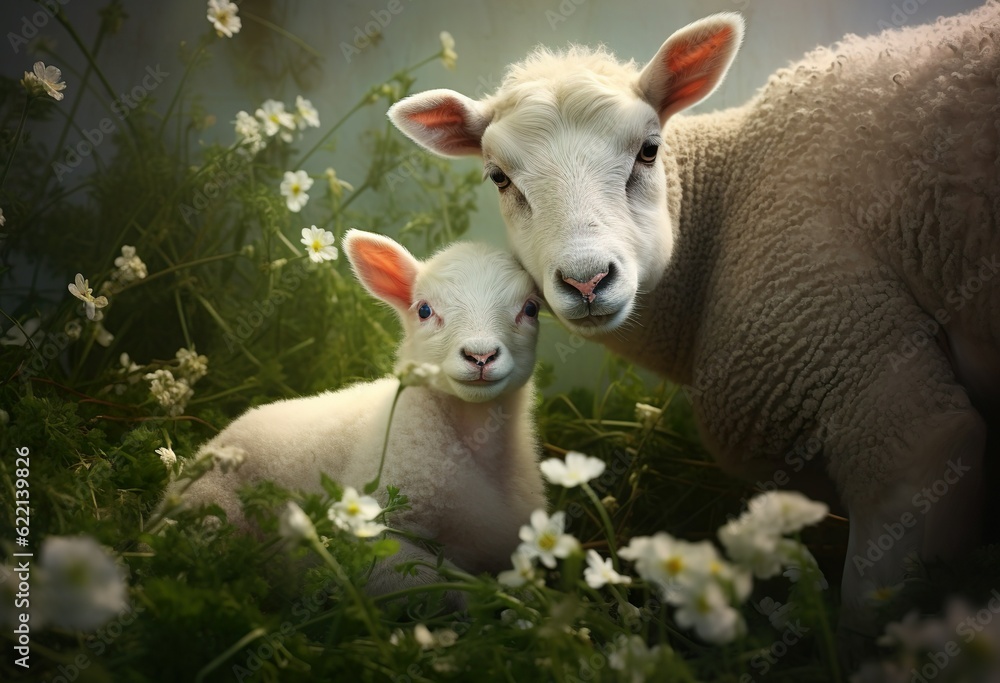 Naklejka premium Young lamb with its mother sheep