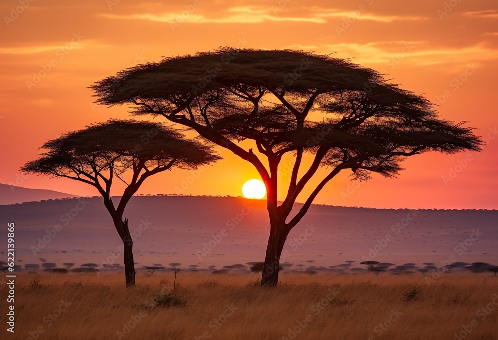 Fototapeta premium Sunrise in the Maasai Mara, Kenya with the silhouette of a tree