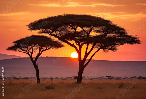 Sunrise in the Maasai Mara, Kenya with the silhouette of a tree
