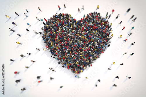 3D Rendering crowd of people that form the heart symbol of love photo