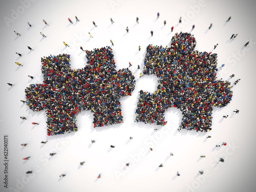 3D Rendering of people united form two pieces of puzzle photo