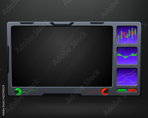 Live stream overlay for stock market or cryptocurrency trading video broadcasts with candlestick chat panel, bull and bear market alerts, statistics chart panels and essential trading setup elements