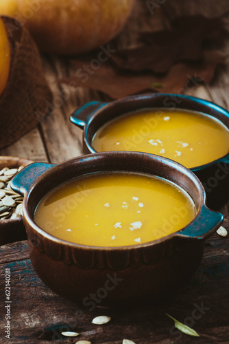 Pumpkin soup. Autumn dinner with healthy vegetable soup