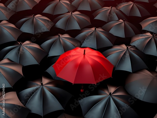 Kontraste der Farben: Ein roter Schirm zwischen dem Schwarzen