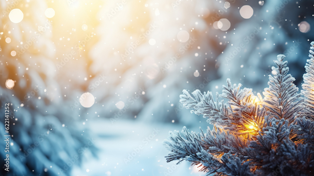 Fototapeta premium Frosty Festivities Christmas Winter Blurred Background with Snow-Decorated Xmas Tree and Garland Lights - Holiday Festive Widescreen Backdrop. created with Generative AI