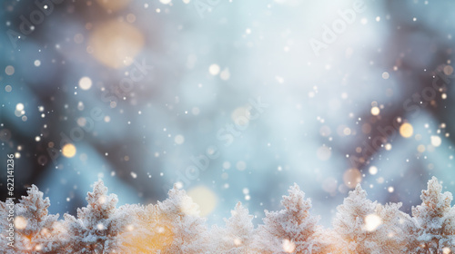 Frosty Festivities Christmas Winter Blurred Background with Snow-Decorated Xmas Tree and Garland Lights - Holiday Festive Widescreen Backdrop. created with Generative AI © photobuay