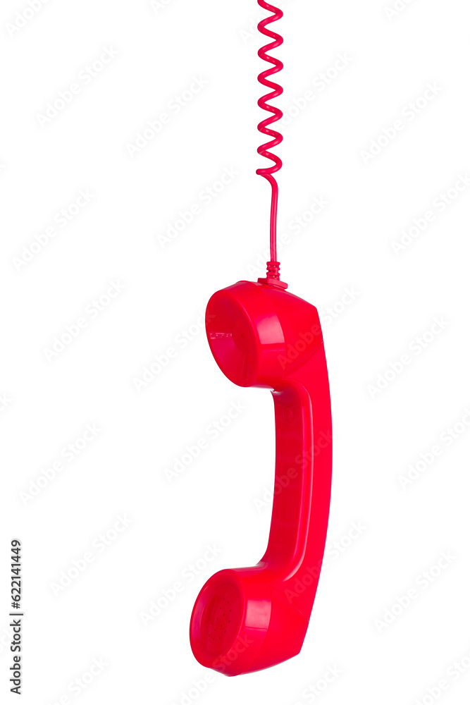 Red phone headset hanging by its wire isolated on white background Red phone headset hanging by its wire isolated on white background