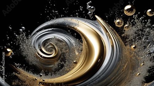 swirl of liquid gold and silver against a black background Generative AI