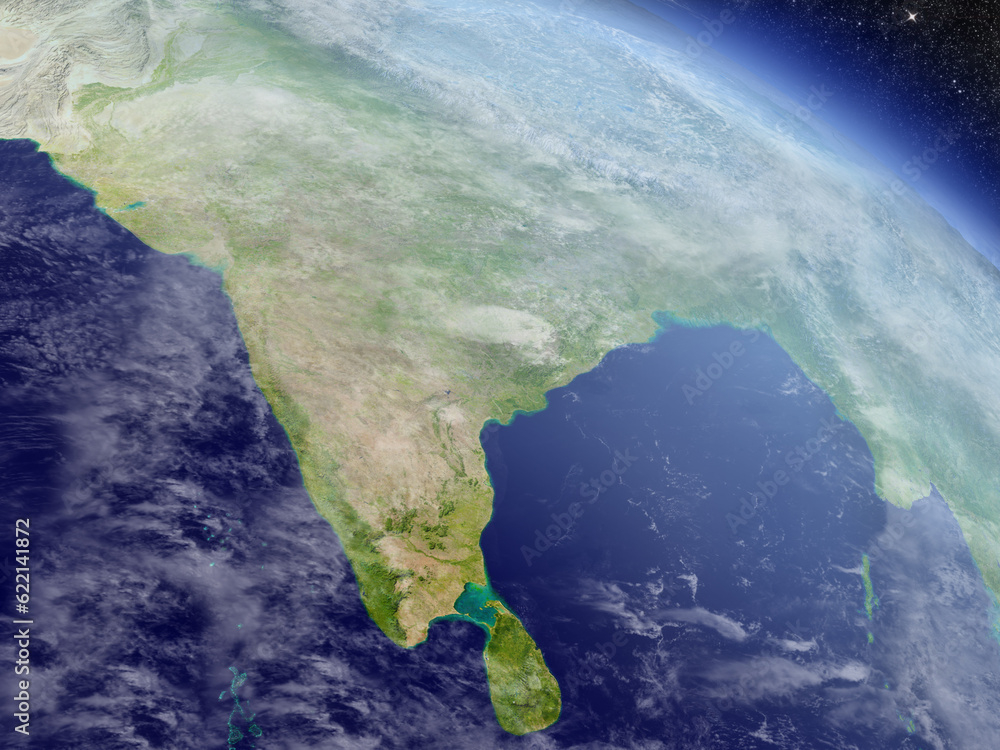 India with surrounding region as seen from Earth's orbit in space. 3D illustration with highly detailed realistic planet surface and clouds in the atmosphere. Elements of this image furnished by NASA.