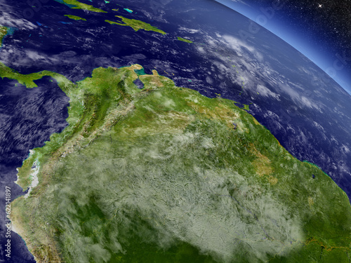 Colombia and Venezuela with surrounding region as seen from Earth's orbit in space. 3D illustration with detailed planet surface and clouds in the atmosphere. Elements of this image furnished by NASA.