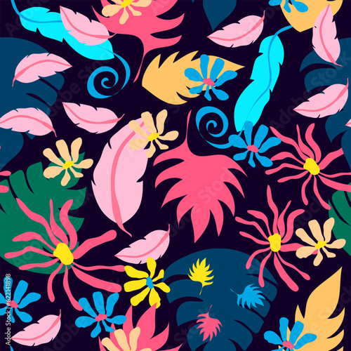 beautiful colorful tropical flowers and leaves seamless vector repeat pattern. Abstract plants, leaves, flowers, monstera seamless tropical pattern.