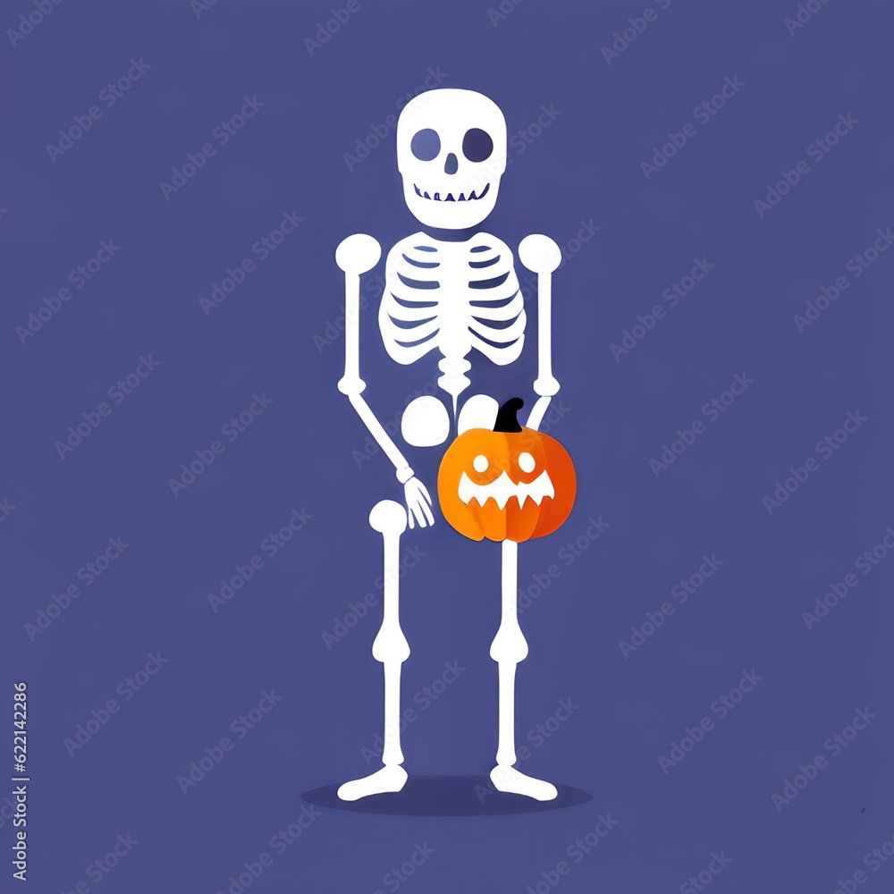 Skeleton Holding Jack-O-Lantern on Purple With Ample Negative Space Skeleton Holding Jack-O-Lantern on Purple With Ample Negative Space