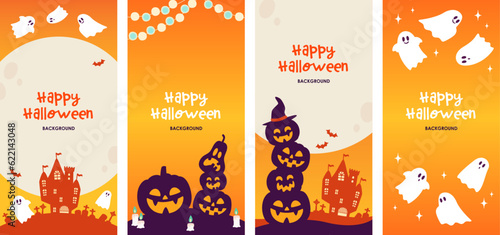 Fotografia Halloween design banner set, full moon and pumpkin, orange color