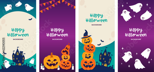 Halloween design banner set, full moon and pumpkin, turquoise and purple background
