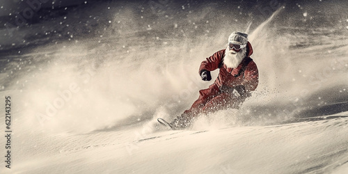 A skier looking like Santa Claus descends the ski slope. Generative AI