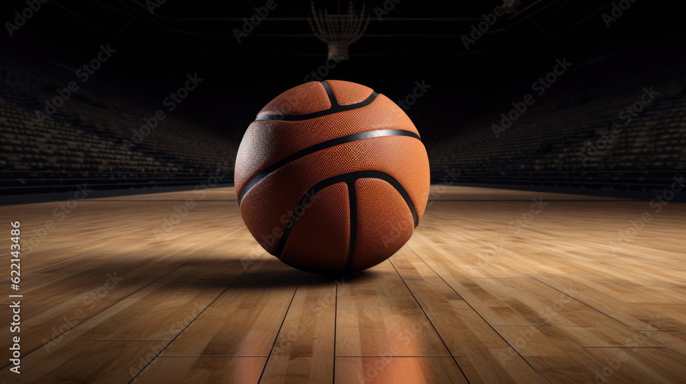 Basketball on wooden floor with stadium background